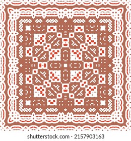 Mexican ornamental talavera ceramic. Vector seamless pattern frame. Bathroom design. Red vintage backdrop for wallpaper, web background, towels, print, surface texture, pillows.