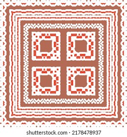 Mexican ornamental talavera ceramic. Vector seamless pattern frame. Bathroom design. Red vintage backdrop for wallpaper, web background, towels, print, surface texture, pillows.
