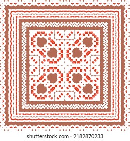 Mexican ornamental talavera ceramic. Vector seamless pattern frame. Bathroom design. Red vintage backdrop for wallpaper, web background, towels, print, surface texture, pillows.