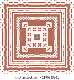 Mexican ornamental talavera ceramic. Vector seamless pattern frame. Bathroom design. Red vintage backdrop for wallpaper, web background, towels, print, surface texture, pillows.