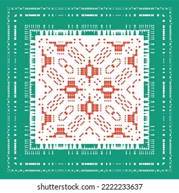 Mexican ornamental talavera ceramic. Vector seamless pattern frame. Bathroom design. Red vintage backdrop for wallpaper, web background, towels, print, surface texture, pillows.