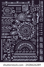 Mexican ornamental wall art, interior decoration in ancient style. Ornament with Aztec symbols, ethnic elements. Abstract tribal pattern, African print on poster, background. Flat vector illustration