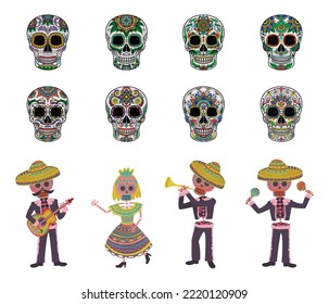 Mexican Ornamented Skull and Skeleton Character Playing Musical Instrument Big Vector Set