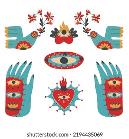 Mexican ornaments with animals, masks, skeletons for the day of the dead