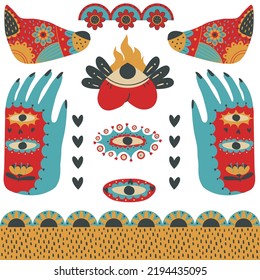Mexican ornaments with animals, masks, skeletons for the day of the dead
