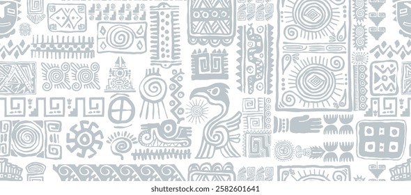 Mexican ornaments hand drawn abstract seamless pattern. Ethnic posters seamless pattern. Ethnic background, simple style great for textiles, wallpapers, wrapping vector. Grey Ancient Aztec sign.