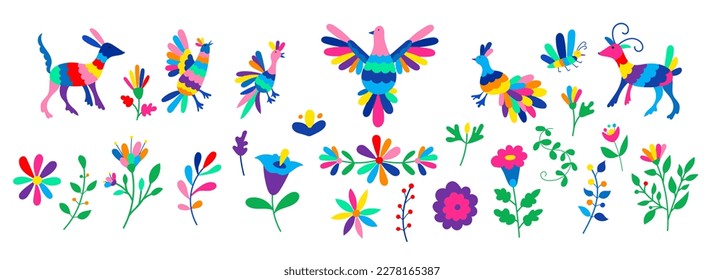 Mexican otomi embrodery elements. Colorful Mexican Traditional Textile Embroidery Style. Folk otomi style graphic, wallpaper. Festive mexican floral motif