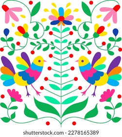 mexikanische Otomi-Stickereien. Farbenfrohe mexikanische Tradition Textil Stickerei Stil. Folk-Otomi-Grafik, Tapete. Festliches mexicanisches Blumenmotiv