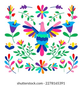 Ornamento de bordado de otomi mexicano. Colorido estilo tradicional mexicano de bordado textil. Gráfico de estilo popular otomi, fondo de pantalla. Motif floral mexicano festivo