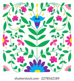 mexikanische Otomi-Stickereien. Farbenfrohe mexikanische Tradition Textil Stickerei Stil. Folk-Otomi-Grafik, Tapete. Festliches mexicanisches Blumenmotiv