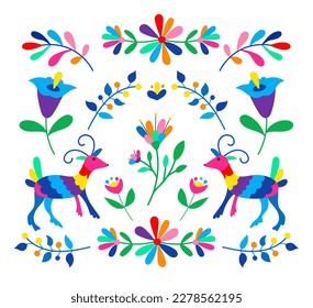 Mexican otomi embrodery ornament. Colorful Mexican Traditional Textile Embroidery Style. Folk otomi style graphic, wallpaper. Festive mexican floral motif