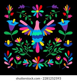 Mexican otomi embrodery ornament. Colorful Mexican Traditional Textile Embroidery Style. Folk otomi style graphic, wallpaper. Festive mexican floral motif