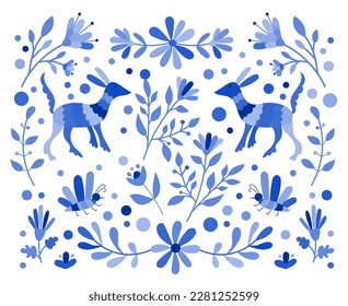 Mexican otomi embrodery ornament. Colorful Mexican Traditional Textile Embroidery Style. Folk otomi style graphic, wallpaper. Festive mexican floral motif