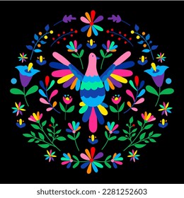 Mexican otomi embrodery ornament. Colorful Mexican Traditional Textile Embroidery Style. Folk otomi style graphic, wallpaper. Festive mexican floral motif