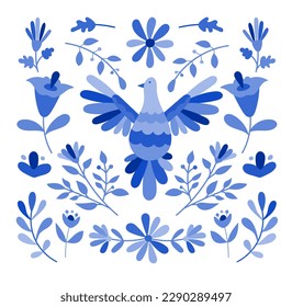 Ornamento de bordado de otomi mexicano. Colorido estilo tradicional mexicano de bordado textil. Gráfico de estilo popular otomi, fondo de pantalla. Motif floral mexicano festivo