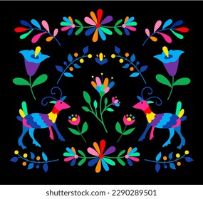 Mexican otomi embrodery ornament. Colorful Mexican Traditional Textile Embroidery Style. Folk otomi style graphic, wallpaper. Festive mexican floral motif