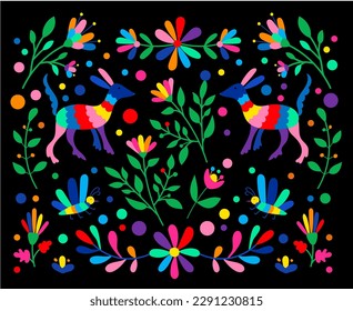 Ornamento de bordado de otomi mexicano. Colorido estilo tradicional mexicano de bordado textil. Gráfico de estilo popular otomi, fondo de pantalla. Motif floral mexicano festivo