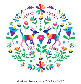 Mexican otomi embrodery ornament. Colorful Mexican Traditional Textile Embroidery Style. Folk otomi style graphic, wallpaper. Festive mexican floral motif