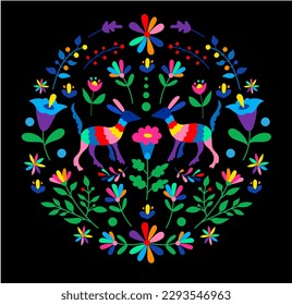 Mexican otomi embrodery ornament. Colorful Mexican Traditional Textile Embroidery Style. Folk otomi style graphic, wallpaper. Festive mexican floral motif