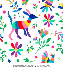 El bordado de otomi mexicano es un patrón sin fisuras. Colorido estilo tradicional mexicano de bordado textil. Gráfico de estilo popular otomi, fondo de pantalla. Motif floral mexicano festivo