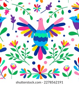 Mexican otomi embrodery seamless pattern. Colorful Mexican Traditional Textile Embroidery Style. Folk otomi style graphic, wallpaper. Festive mexican floral motif