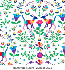 Mexican otomi embrodery seamless pattern. Colorful Mexican Traditional Textile Embroidery Style. Folk otomi style graphic, wallpaper. Festive mexican floral motif