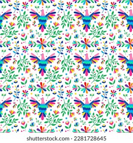 Mexican otomi embrodery seamless pattern. Colorful Mexican Traditional Textile Embroidery Style. Folk otomi style graphic, wallpaper. Festive mexican floral motif