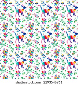 Mexican otomi embrodery seamless pattern. Colorful Mexican Traditional Textile Embroidery Style. Folk otomi style graphic, wallpaper. Festive mexican floral motif