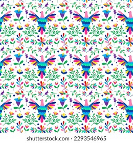 Mexican otomi embrodery seamless pattern. Colorful Mexican Traditional Textile Embroidery Style. Folk otomi style graphic, wallpaper. Festive mexican floral motif