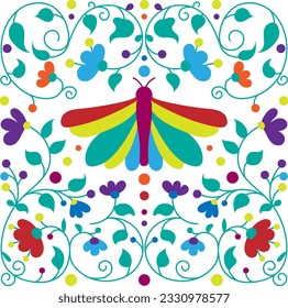 El bordado de otomi mexicano es un patrón sin fisuras. Colorido estilo tradicional mexicano de bordado textil. Gráfico de estilo popular otomi, fondo de pantalla. Motif floral mexicano festivo