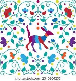 El bordado de otomi mexicano es un patrón sin fisuras. Colorido estilo tradicional mexicano de bordado textil. Gráfico de estilo popular otomi, fondo de pantalla. Motif floral mexicano festivo