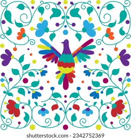 El bordado de otomi mexicano es un patrón sin fisuras. Colorido estilo tradicional mexicano de bordado textil. Gráfico de estilo popular otomi, fondo de pantalla. Motif floral mexicano festivo