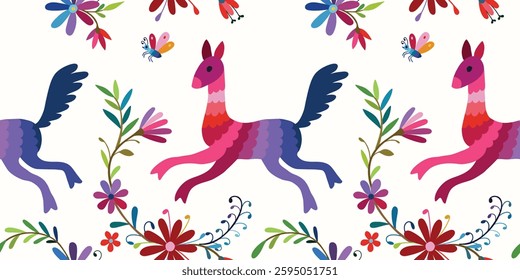 Mexican Otomi embroidery seamless pattern. Folk Otomi style graphic, wallpaper.