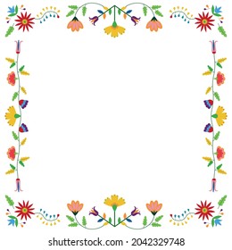 Mexican Otomi, Tenango Embroidery Style. Square Frame. Ethnic Floral Design. For Fiesta Invitation, Greeting Card, Banner, Flyer.