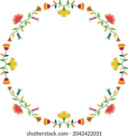 Mexican Otomi, Tenango embroidery style. Round frame. Ethnic floral design. For fiesta invitation, greeting card, banner, flyer.