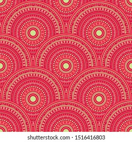 Mexican overlapping circles batik print vector seamless pattern. Oriental motifs bohemian line art geometry. Native indian ethnic medallion concentric shapes seamless geometric pattern.