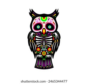 Mexican owl bird tattoo with skull, skeleton bones and floral ornament, vector symbol. Day of Dead, Dia de Los Muertos, Mexican fiesta and Halloween holiday decoration of skeleton owl for tattoo