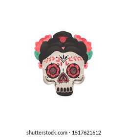 Mexican painted female skull drawing -isolated dead woman head with ornate floral designs and flowers in her head. Dia de los muertos symbol - vector illustration