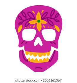 A Mexican painted skull for the Day of the Dead holiday. A skull with drawings of flowers. A cute flat vector illustration is isolated on white. Mexican style and theme, holiday, event, traditions