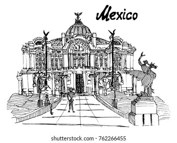 Mexican Palace of Fine Arts sketch hand drawing black and white