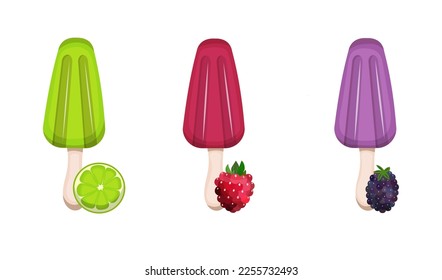 Helado de Paletas mexicano hecho con rebanadas de fruta y bayas. С fresco postre de verano de cocina latinoamericana. Zumo de fruta congelado. Ilustración vectorial. Caricatura.