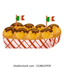 Mexican pancakes in chocolate sauce with little flags in a paper box. Cartoon vector illustration isolated on white background. 