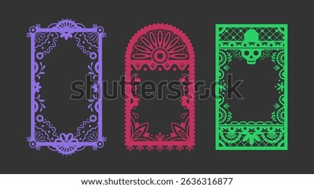 Mexican papel picado frame border set - purple rectangular cutout with flowers and leaves, pink arch design with sunburst motif, green rectangle with skull patterns for dia de muertos celebrations.