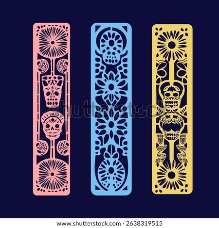 Mexican papel picado frame border set -  rectangular  with flowers and leaves, arch design with skull patterns for dia de muertos celebrations.