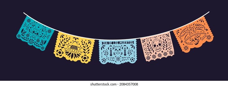 Mexican papel picado laces hanging on string. Mexico festive ornament for Dia de los Muertos means Day of Death and Dead. Banner with Hispanic pecked perforated flags. Colored flat vector illustration