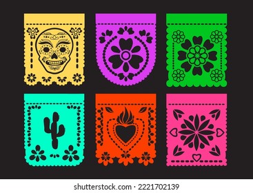 Mexican Papel Picado. Paper bunting. Fiesta party flags. Vector set.