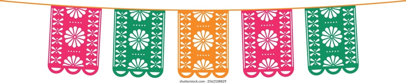 Mexican papel picado paper. Colorful flags for the holiday Cinco de Mayo. Isolated vector illustration.