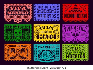 Mexican papel picado paper cut holiday flags. Cinco de mayo, day of the dead, viva Mexico. Vector traditional laser cutting decoration banners with floral pattern, skulls, cacti, flowers or sombrero