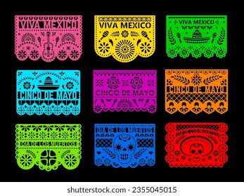 Mexican papel picado paper cut holiday flags and banners. Vector Mexico Day of the Dead, Dia De Los Muertos and Cinco de Mayo flags with pattern of calavera sugar skulls, sombrero, guitar and maracas