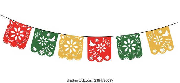 Mexican papel picado paper cut holiday flags and banners. Day of the Dead, Dia De Los Muertos and Cinco de Mayo flags with. Vector illustration. isolated on a white background.